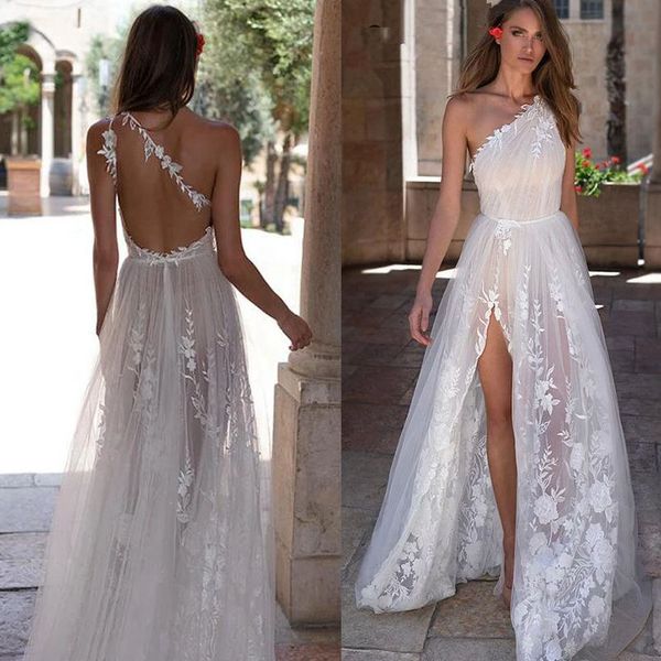 

bohemian high side slit wedding dress one shoulder backless lace appliques tulle bridal gowns robe de mariee 2022, White