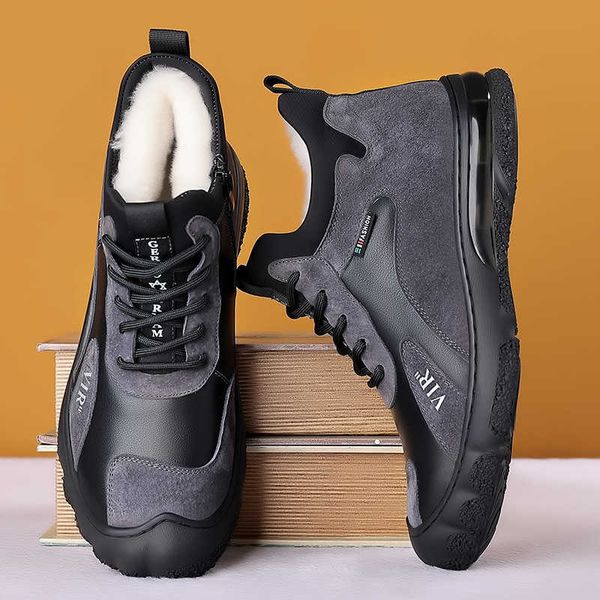 

dress shoes winter wool leather cowhide cotton high outdoor plush warm anti-skid fashionable sports casual men's shoes, Black