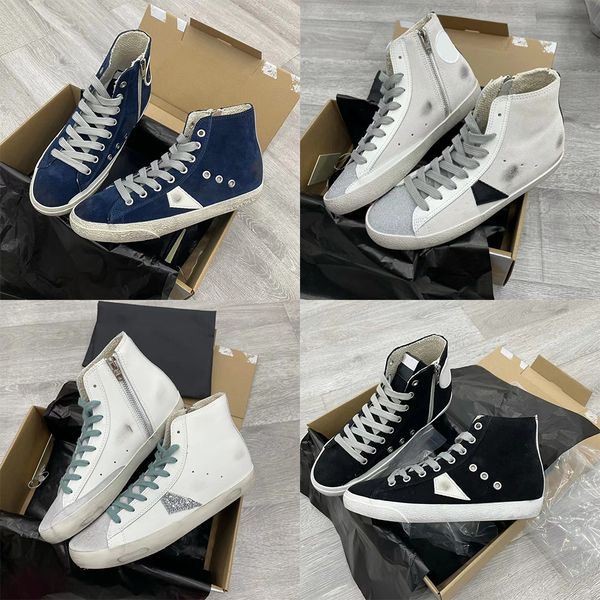 

deluxe brand mid star sneaker high shoes casual boots classic glitter designer women men fashion francy white do-old dirty leather shoe gold, Black