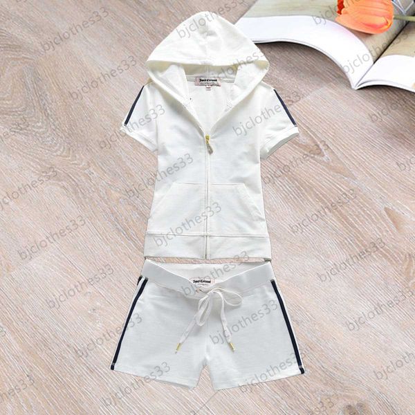 

juicy tracksuit womens two piece pants contrasting color stripe zipper open short sleeves hooded loose casual shorts fashion joker women ap, White