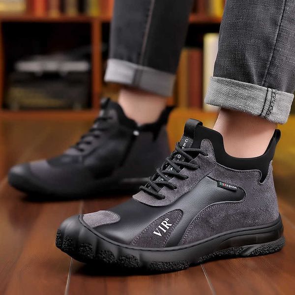 

shoes winter wool leather cowhide cotton high outdoor plush warm anti-skid fashionable sports casual men's shoes, Black