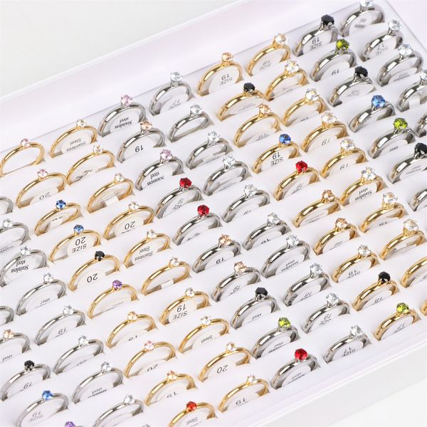 

fashion colorful heart crystal stainless steel rings jewelry for women gold silver plated wedding engagement party gift wholesale 20pcs/lot, Golden;silver