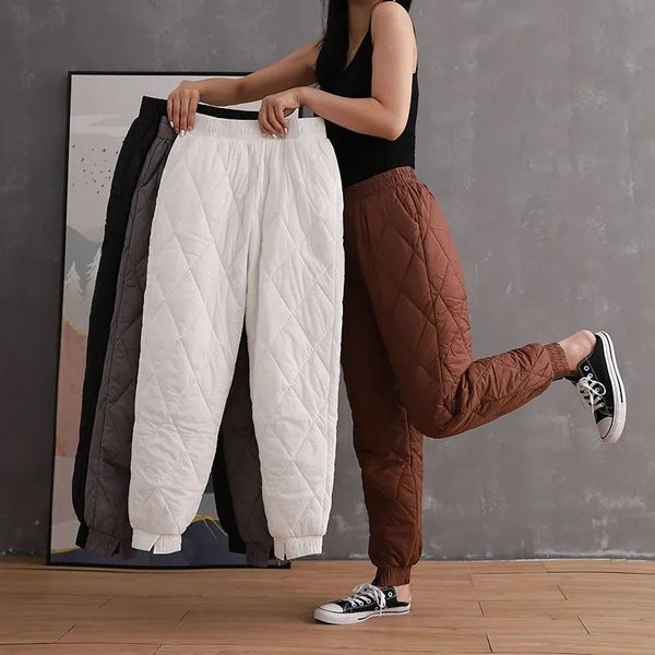 

women's pants capris elastic waist cotton padded down for women solid colors casual trousers warm winter thick harem oversized sweatpan, Black;white