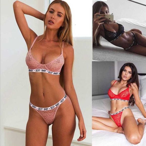 

lace bandage three-point lace underwear two-piece set, Red;black