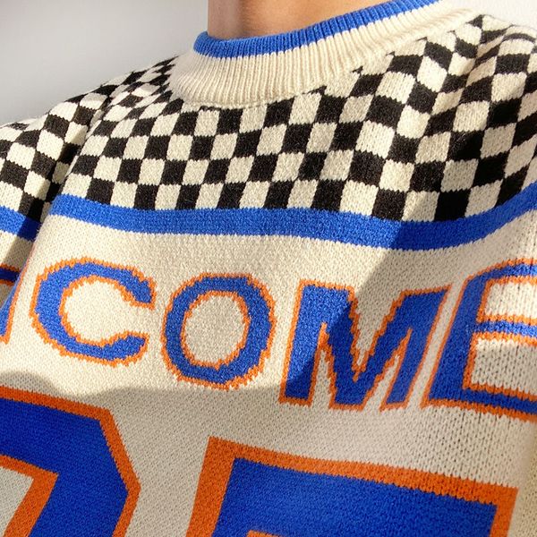 

designer checkerboard & number patchwork knitwear warm jumper loose fashion sweater couples for men and women's, White;black