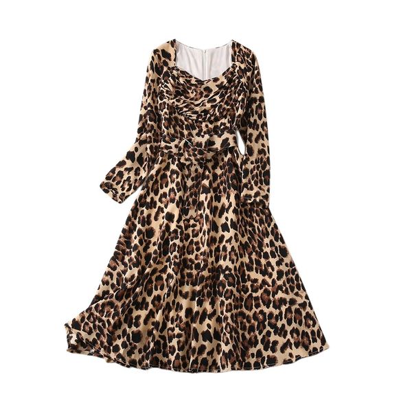 

new printed leopard print square neck dress with a slim waist, Black;gray