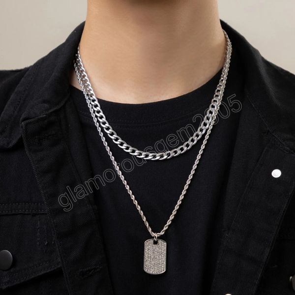 

layered chain with rhinestone square pendant necklace men hip hop chunky chain necklaces on neck 2022 fashion jewelry accessories, Silver