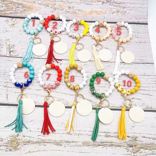 

wholesale new heart-shaped silicone beaded bracelet keychain blank disc korean velvet tassel pendant women's multi-color options, Silver