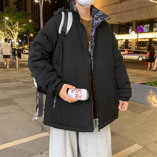 

men's down parkas winter warm thicken coat harajuku fashion worn on both sides streetwear trend jackets casual puffer jacket 221207, Black