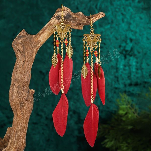 

vintage triangle exotic long feather dangle earrings female pendientes bohemian leaves tassels earrings women's wedding jewelry, Silver