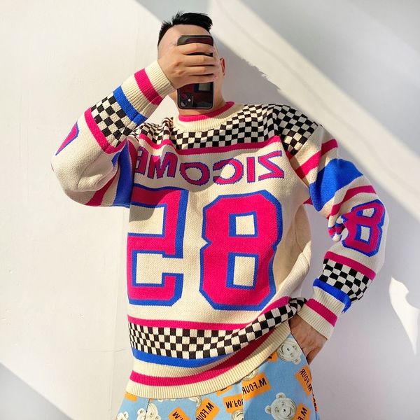 

2022 new niche design designer couples for men and women's checkerboard & number patchwork knitwear warm jumper loose fashion sweater n, White;black