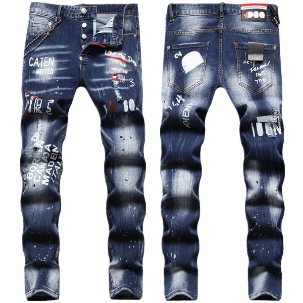 

men's jean hip hop pants street trend zipper chain decoration ripped rips stretch black fashion slim fit washed motocycle panelled chri, Blue