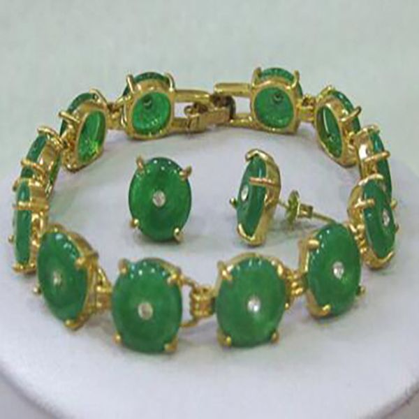 

fashion jewelry natural green jade bracelet earrings set 7.5" aaa, Golden;silver