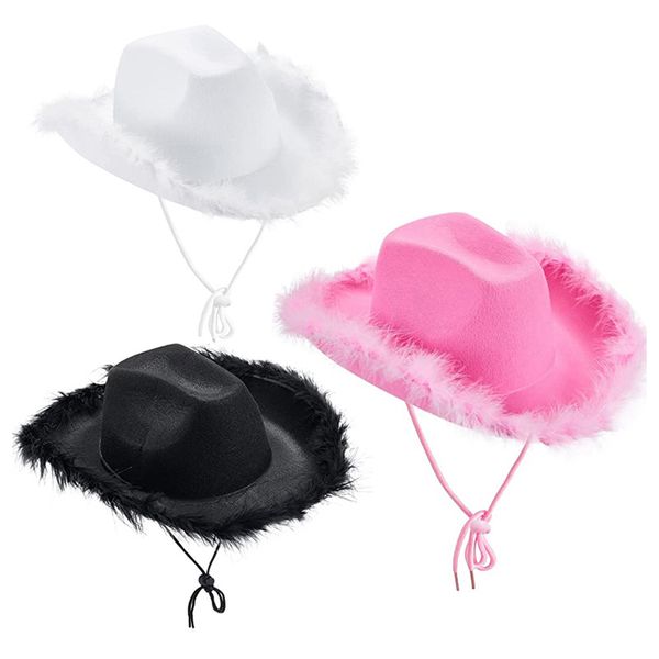 

all-match fluffy feather brim cowboy hat pink cowgirl hat for mardi gras rave, Blue;gray