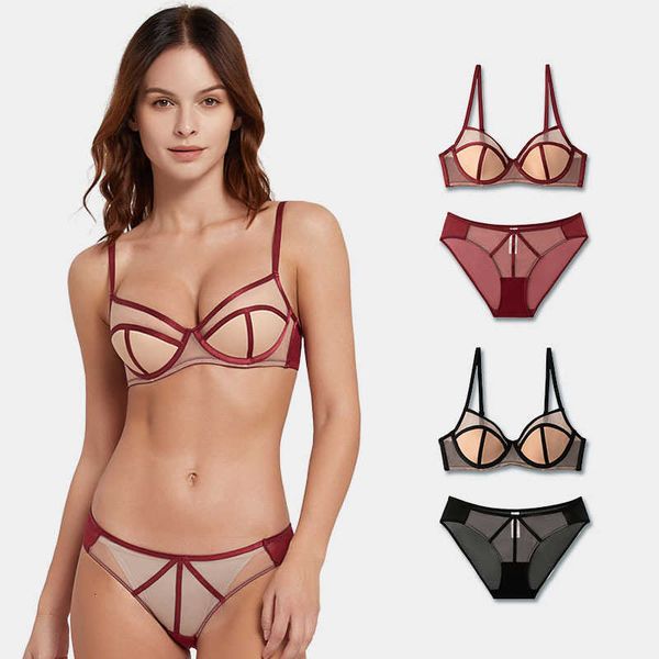 

pure lingerie women's thin style large chest small soft steel ring bra upper support anti droop breathable bra suit, Red;black