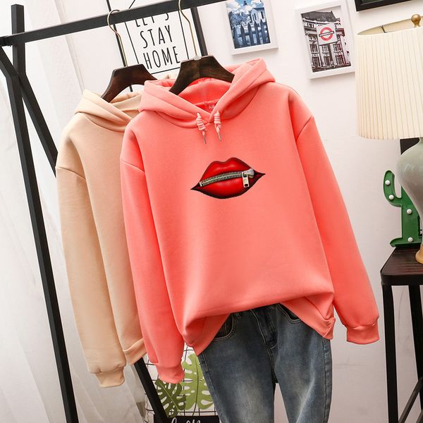 

women's fashion casual loose student hoodie lip print pullover, Black
