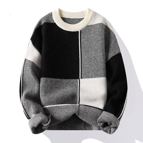 

men's sweaters winter round neck thickened jumper knitted geometric long sleeved clothes bottoming shirt 221207, White;black
