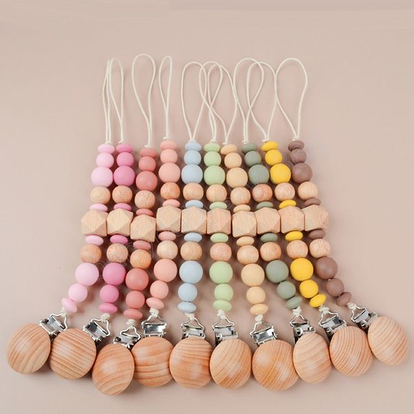 

baby pacifier clips silicone beads beech wooden solid bead pacifier chain infant appease soother dummy holder nipple clip