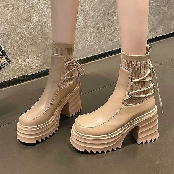 

boots autumn and winter 2022 new british style muffin bottom knitting strap martin boots women's thick heel super high thin short boots, Black