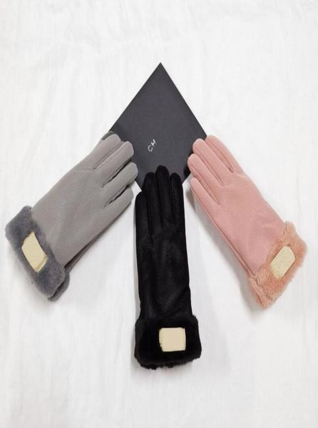 

luxury designer genuine leather gloves fashion brand letter printing mens womens thicken cashmere fingers mittens win7815436, Blue;gray