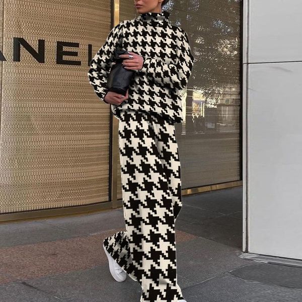 

women's two piece pants autumn turtleneck long sleeve wide leg pant set for women fashion chic printing loose track suit roupas feminin, White