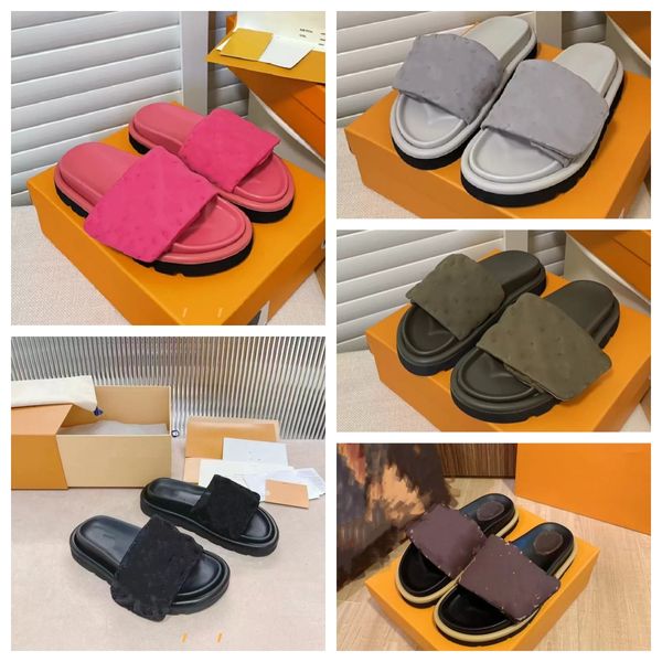 

designer luxury women&men sandal embossed printing pillow hook & loop slipper mule summer flat heel slippers slides flip flops beach sandals, Black