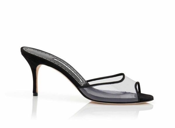 

sandals shoes women 's scolto clear eco pvc open mules stiletto heels summer pointed toe party wedding bridal, Black