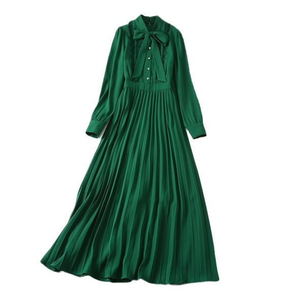 

temperament new front splice water soluble flower neckline bow tie waist slender pleated long dress, Black;gray