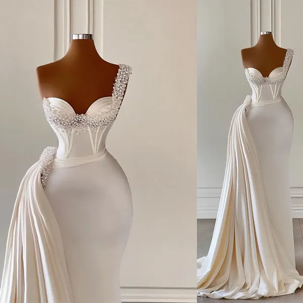 

2023 gorgeous mermaid wedding dresses bridal gown pearls beaded one shoulder satin sweep train custom made beach country plus size vestido d, White