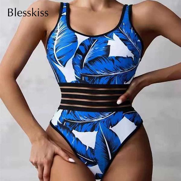 

swim wear blesskiss mesh one piece swimsuit women 2022 padded leaf printed onepiece monokini swimwear swimming suit for ladies bodysuit t221