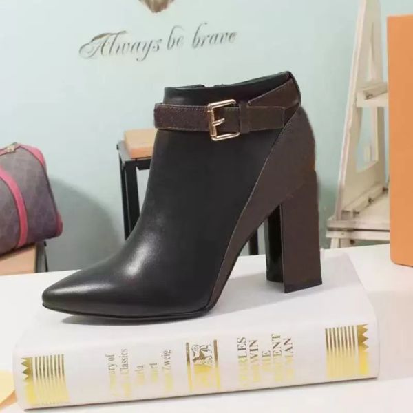 

classic designer woman boots zipper metal buckle ankle boot 100% leather lady high heels autumn winter thick heel women shoes letters shoe, Black