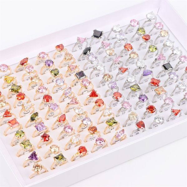 

wholesale 20pcs/lot fashion sparkling zircon rings for women colorful engagement wedding jewerly party gift 16mm-19mm, Golden;silver