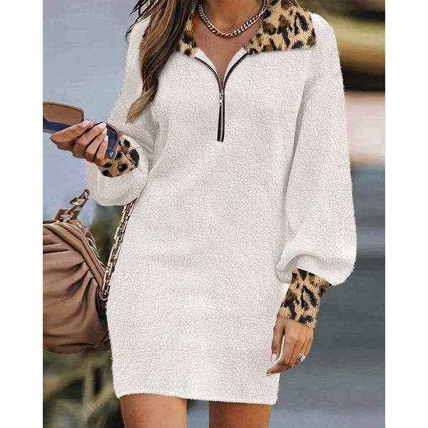 

casual dresses women contrast leopard zip front lantern sleeve femme straight robe mini lady party clothes 221208, Black;gray