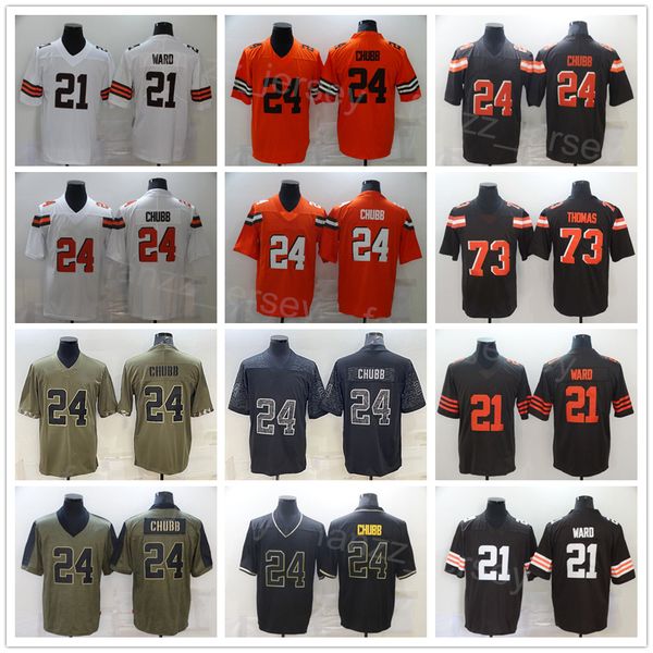 

men football 24 nick chubb jerseys 21 denzel ward 73 joe thomas army green salute to service all stitched team color brown white orange blac, Black;red