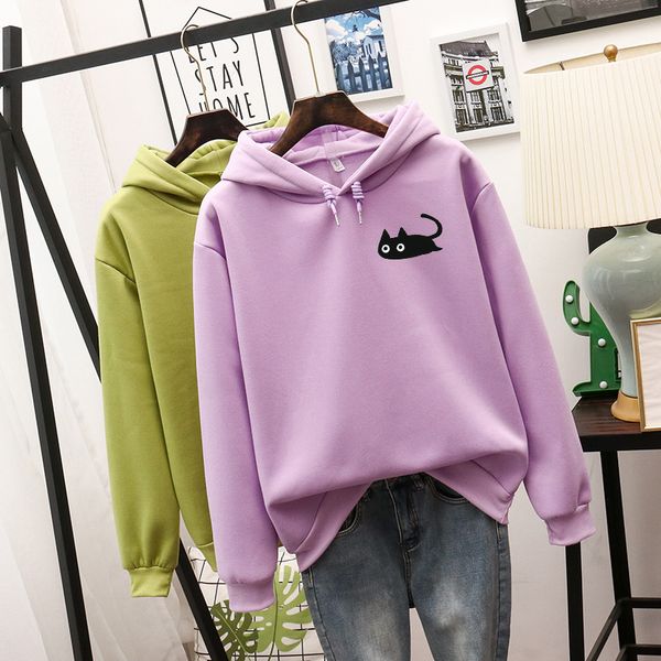 

women's fashion casual loose large versatile hoodie kitten print pullover, Black