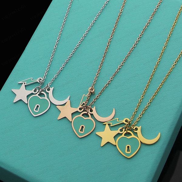 

designer green star and moon necklace couple stainless steel chain gift for girlfriend luxury jewelry accessories wholesale with box, Silver