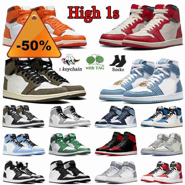 

og high og denim starfish 1s basketball shoes lost and found jumpman 1 trainers patent bred cactus jack dark mocha offs white yellow toe tax, Black