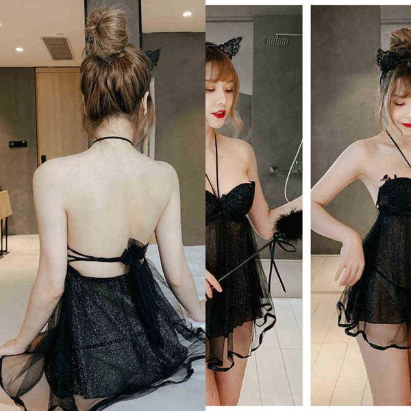 

nxy underwear and interesting backless bowknot perspective double layer glittering mesh neck hanging nightdress suit 220609, Red;black