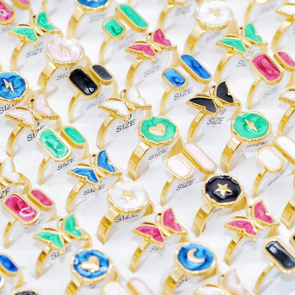 

36pcs lot wholesale mixed style korean women cluster rings gold platde dropping oil fashion wedding engagement botterfly finger jewelry bulk, Golden;silver