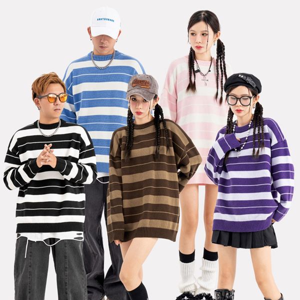 

hip hop striped patchwork knitted men's sweaters winter high street casual pullover
