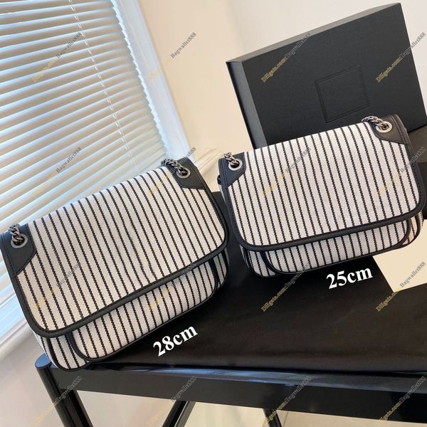 

designer bag black white strips canvas crossbody handbags classic women shopping bags leather chain shoulder purse black letters ladies tote