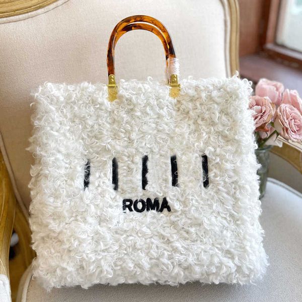 

totes large capacity tote fur shopping designer bag wool handbag crossbody black letters print stiff handle gold hardware parts removable