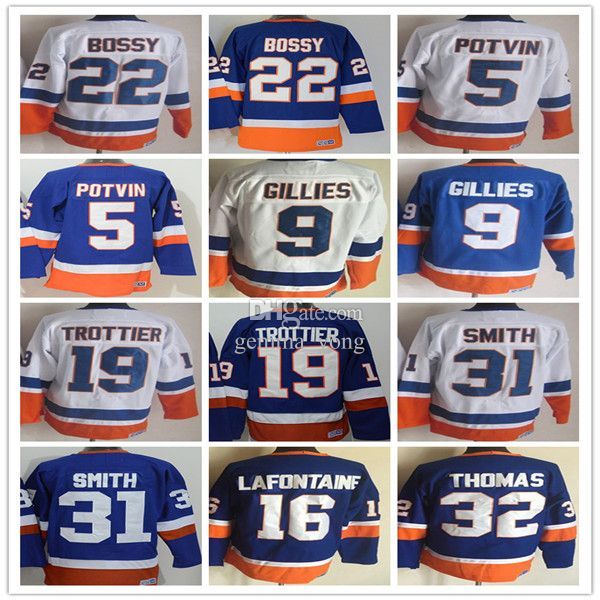 

vintage new ny york hockey jerseys 22 mike bossy 5 denis potvin 9 clark gillies 19 bryan trottier 31 billy smith 32 steve thomas 16 pat lafo, Black;red