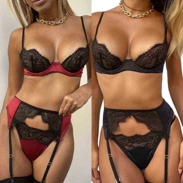 

nxy underwear new lace stitching satin slim bra perspective temptation french set thin 220609, Red;black