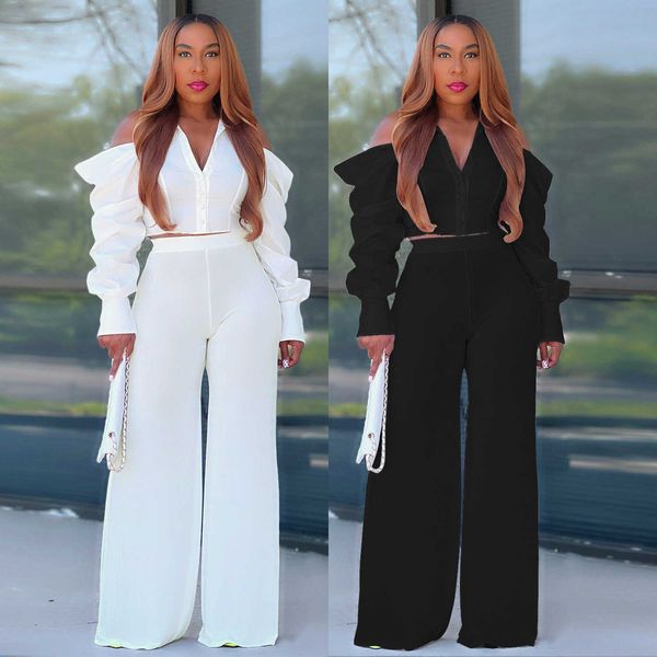 

blouse wide leg pants design sense hollow bubble sleeve style jacket pants set, Black