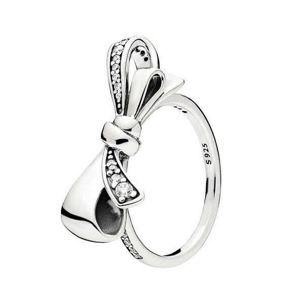 

real sterling silver sparkling bow ring for pandora cz diamond fashion party jewelry for women girls girlfriend gift rings with original box, Slivery;golden