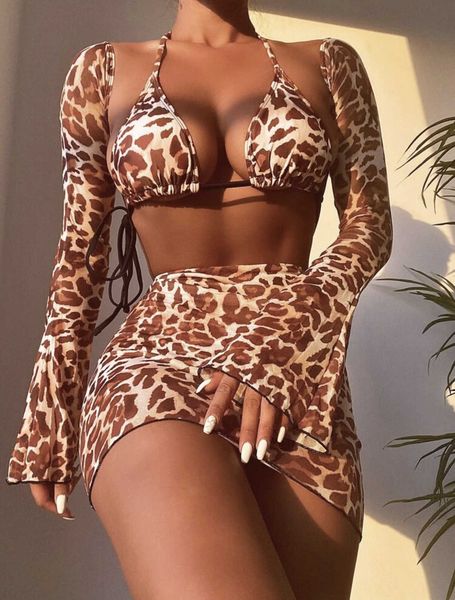 

swim wear oeing 4 piece women's swimming suit leopard print bikini swimsuit 2022 new backless lace micro thong female beach summer t221