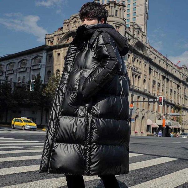 

bright white duck down jacket winter 2022 medium length over knee thickened men's youth trend coat, Black