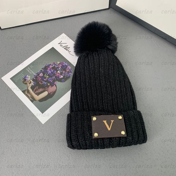 

designer beanie flower label hats luxury knitted furry ball hat fashion pink cotton beanies for womens warm v caps soft bonnet 12 colors new, Blue;gray