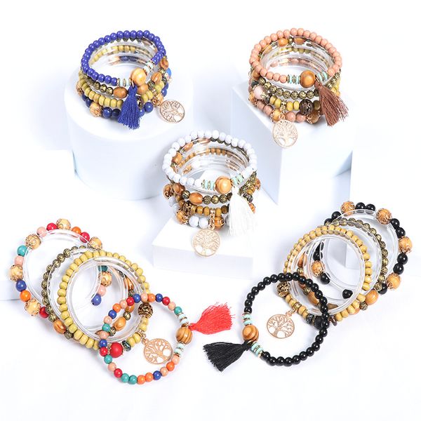 

bohemia multilayer elastic weave bangles bracelet set for women heart butterfly evil eye beads combination bracelets charm jewelry gifts, Black